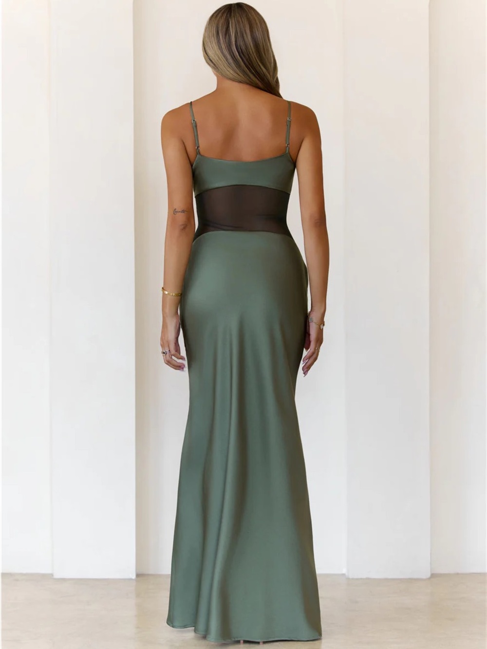 Hello Molly Olive Satin Maxi Dress with Black Mesh Waistband - Picture 5 of 6